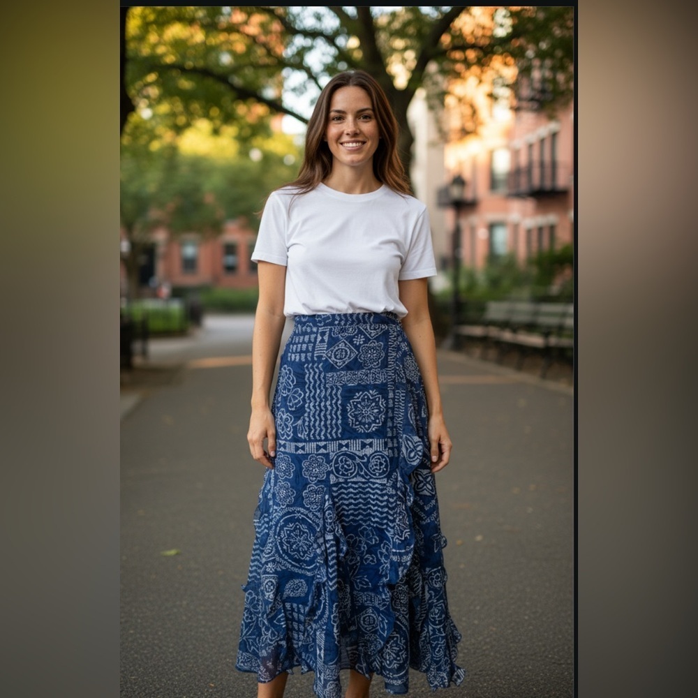 Vintage Coldwater Creek Blue White Ruffle Midi Skirt